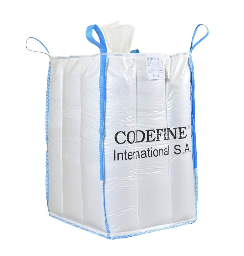 White bulk bag with blue straps. Has the text "Codefine International S.A." written on it