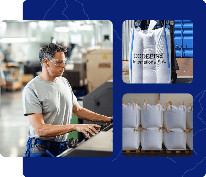 Layout of three pictures: a Codefine engineer at work, FIBC Bulk bag front view, FIBC Bulk bags in use.