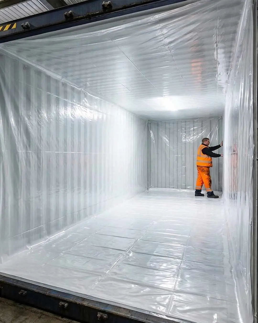 Worker fitting a protective container liner to streamline cargo handling